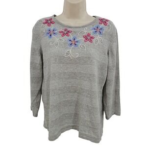 Grandmacore Jumper Sweater Women S Gray Floral Embroidery Coastal Grandma Preppy